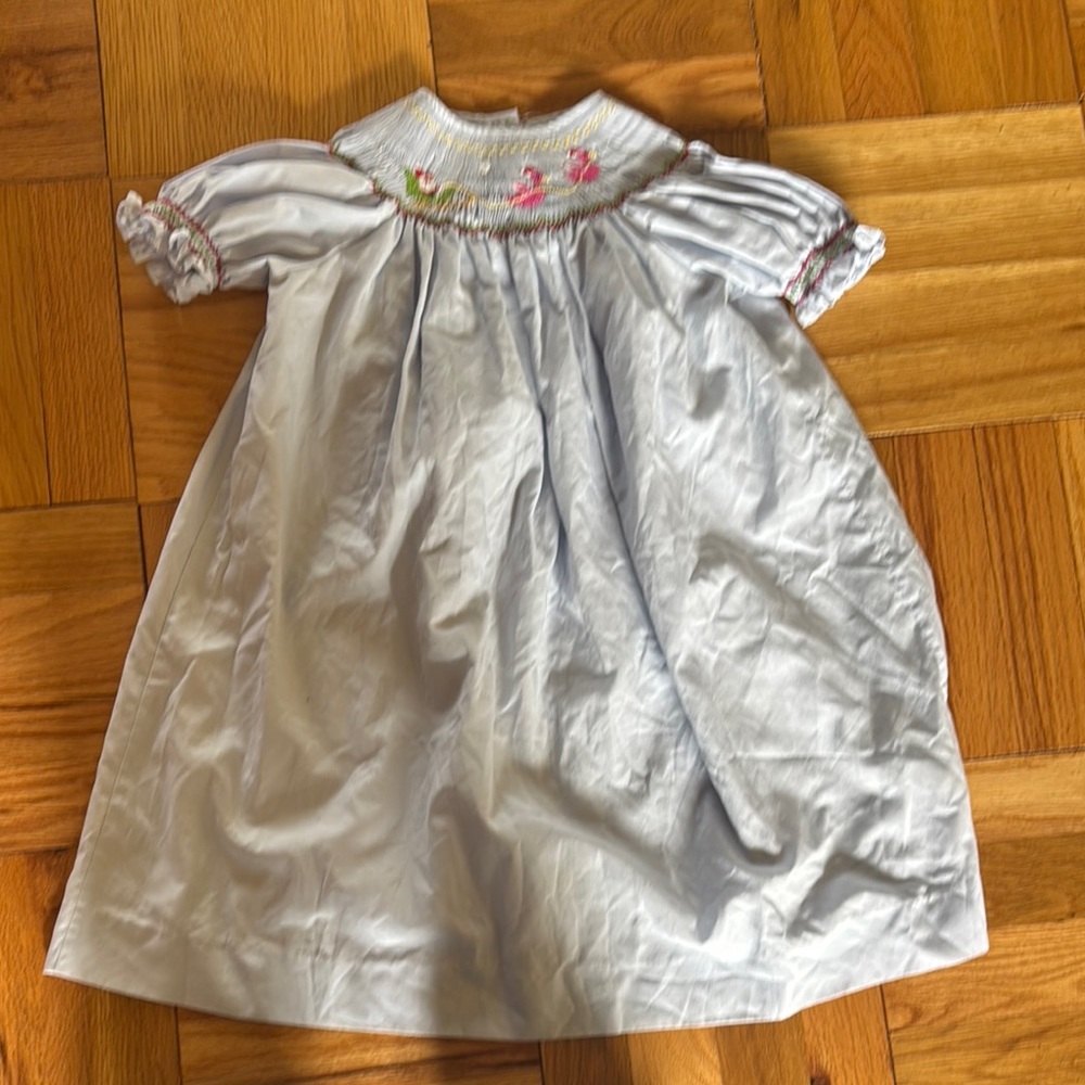 Christmas themed Light Blue Smocked Baby Dress